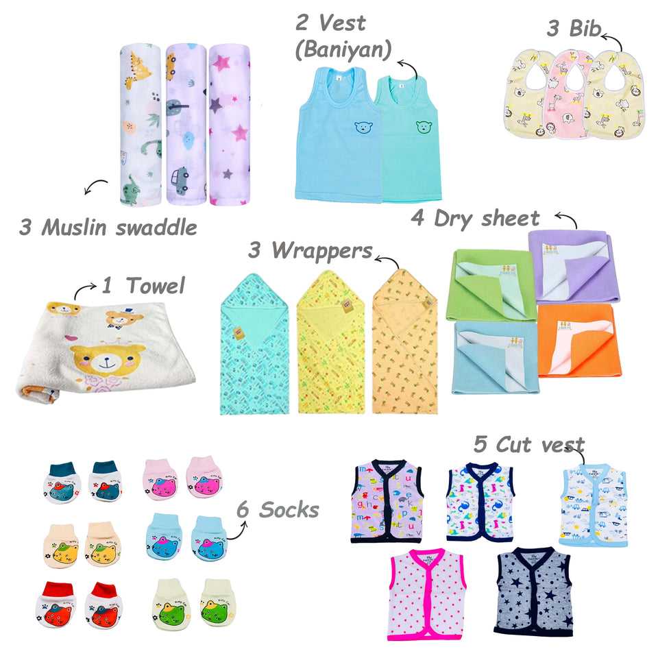 Fareto Premium Quality Baby Summer Essentials 55 in 1 New Combo (0-6Months)(F516)
