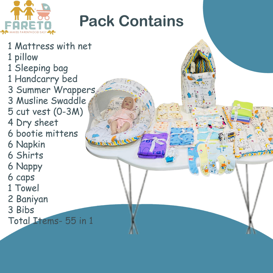 Fareto Premium Quality Baby Summer Essentials 55 in 1 New Combo (0-6Months)