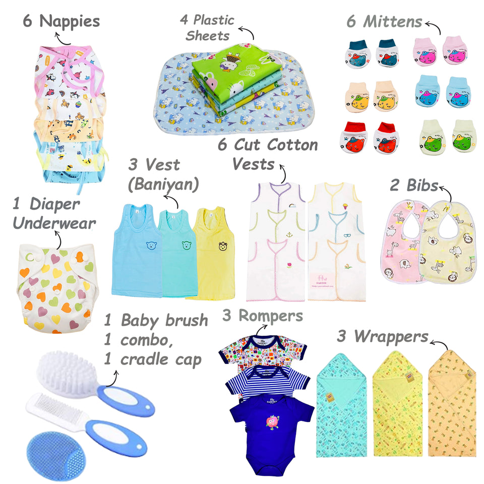 Fareto Baby Boy's & Girl's Summer Hospital Essential Combo for New Born | Gift Pack | Baby Products | Maternity Essentials | Bedding Set (66 Items)(0-6 Months)(F725)