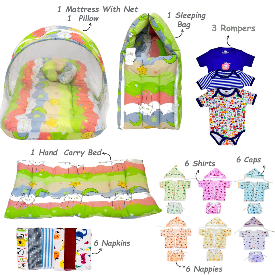 Fareto Newborn Baby Summer Hospital Essentials Combo | 59-in-1 Maternity & Bedding Gift Set (0–6 Months)(F713)