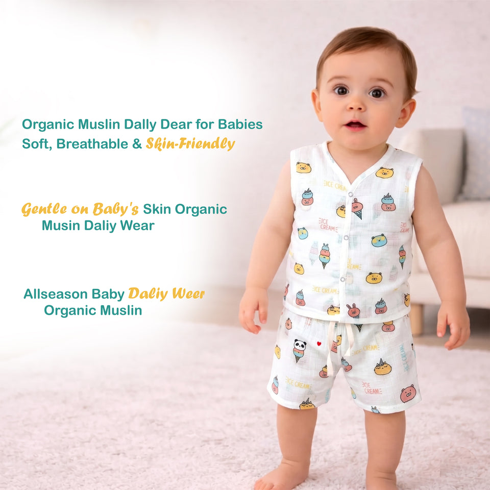 Fareto Baby Muslin Cotton Daily Wear Suit Set | Soft & Breathable Co-ordset  (Pack of 2) | 0-6 Months / Infant Boys & Girls(F742)