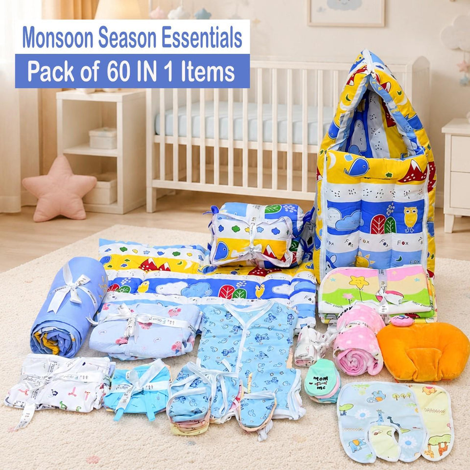 FARETO NEW BORN BABY MONSOON SEASON HOSPITAL ESSENTIALS PACK OF 60 ITEMS (0-6 MONTHS)(F200)