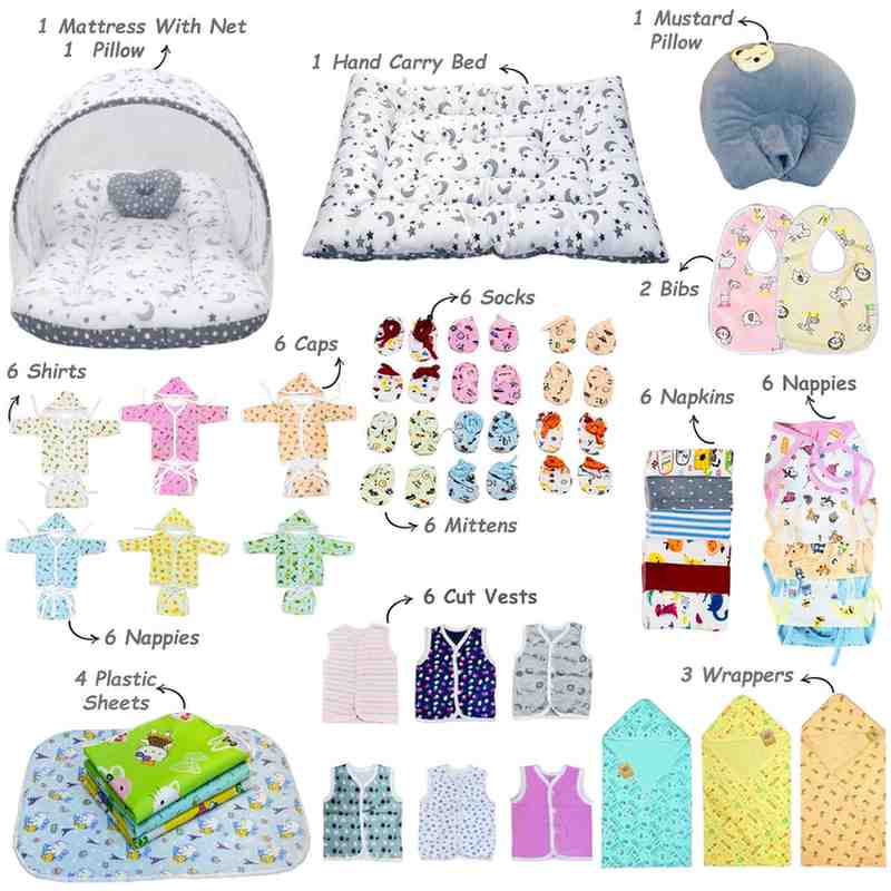 Fareto New Born Baby Hospital Essentials pack of 60 (0-6 months) (Grey moon)(F164)