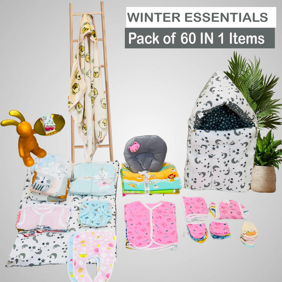 FARETO NEW BORN BABY WINTER ESSENTIALS 60 IN 1 NEW COMBO (0-6 MONTHS)(GREY MOON )(F227)