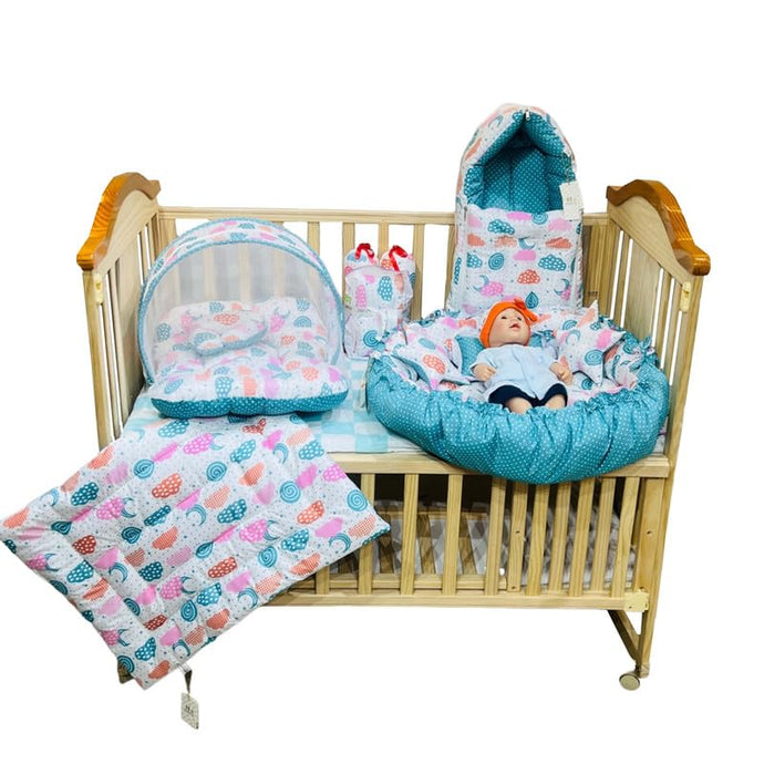FARETO COMPLETE BEDDING SET ESSENTIALS COMBO FOR BABY (0-6 MONTHS)(PISTA GREEN SPRIAL)