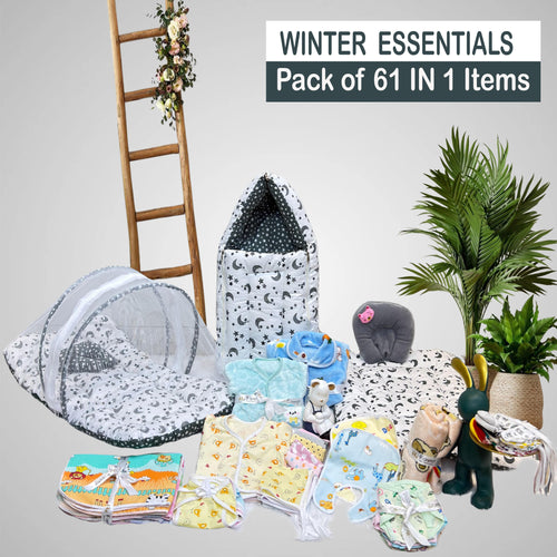 Fareto Baby Winter Essential Combo For New Born | Gift Pack | Baby Products | Maternity Essentials (61 Items)(0-6 Months)(GREY MOON )(F660)