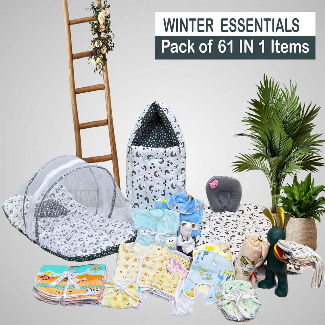 Fareto Baby  Winter Essential Combo For New Born | Gift Pack | Baby Products | Maternity Essentials (61 Items)(0-6 Months)(GREY MOON )(F660)