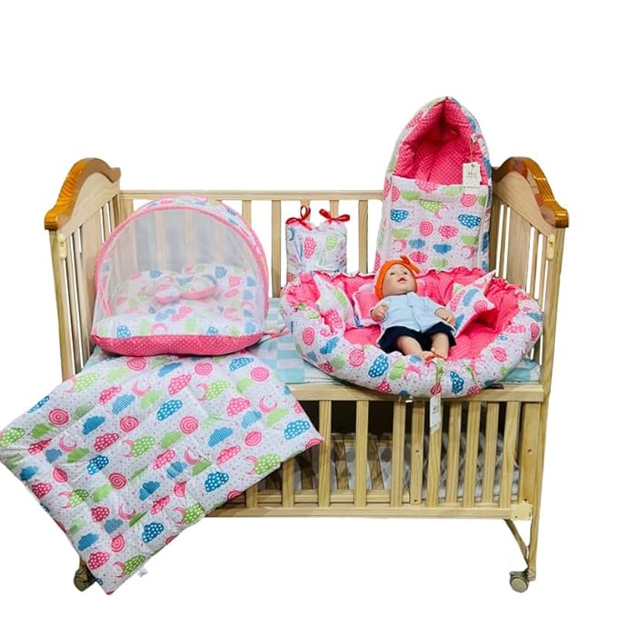 FARETO COMPLETE BEDDING SET ESSENTIALS COMBO FOR BABY (0-6 MONTHS)(PEACH SPRIAL)