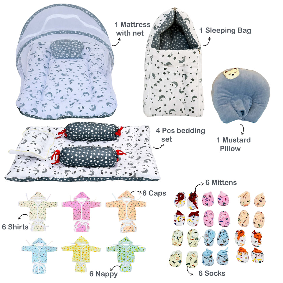 Fareto New Born Baby monsoon season Hospital Essentials (61 in 1) (0-6 months)(Grey Moon)