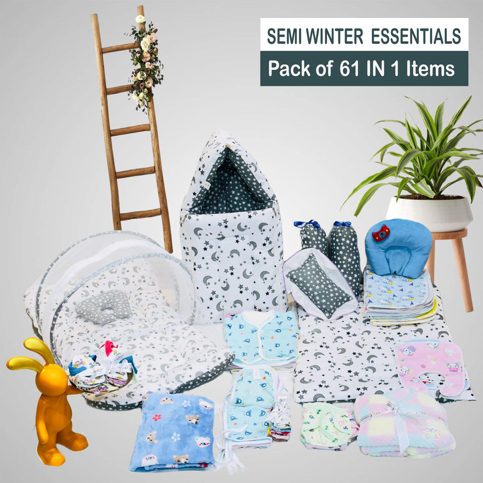 Fareto New Born Baby monsoon season Hospital Essentials (61 in 1) (0-6 months)(Grey Moon)