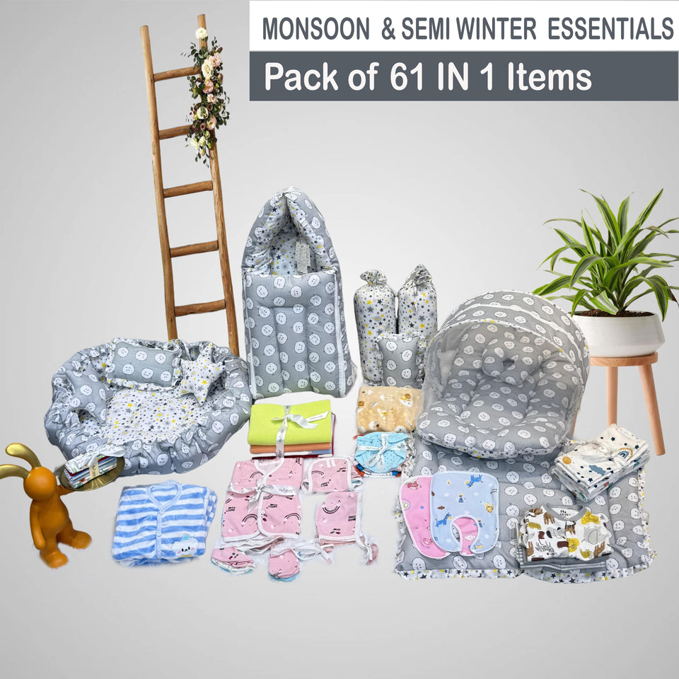 FARETO NEW BORN BABY MONSOON AND SEMI WINTER SEASON HOSPITAL ESSENTIALS 61 IN 1 (0-6 MONTHS)