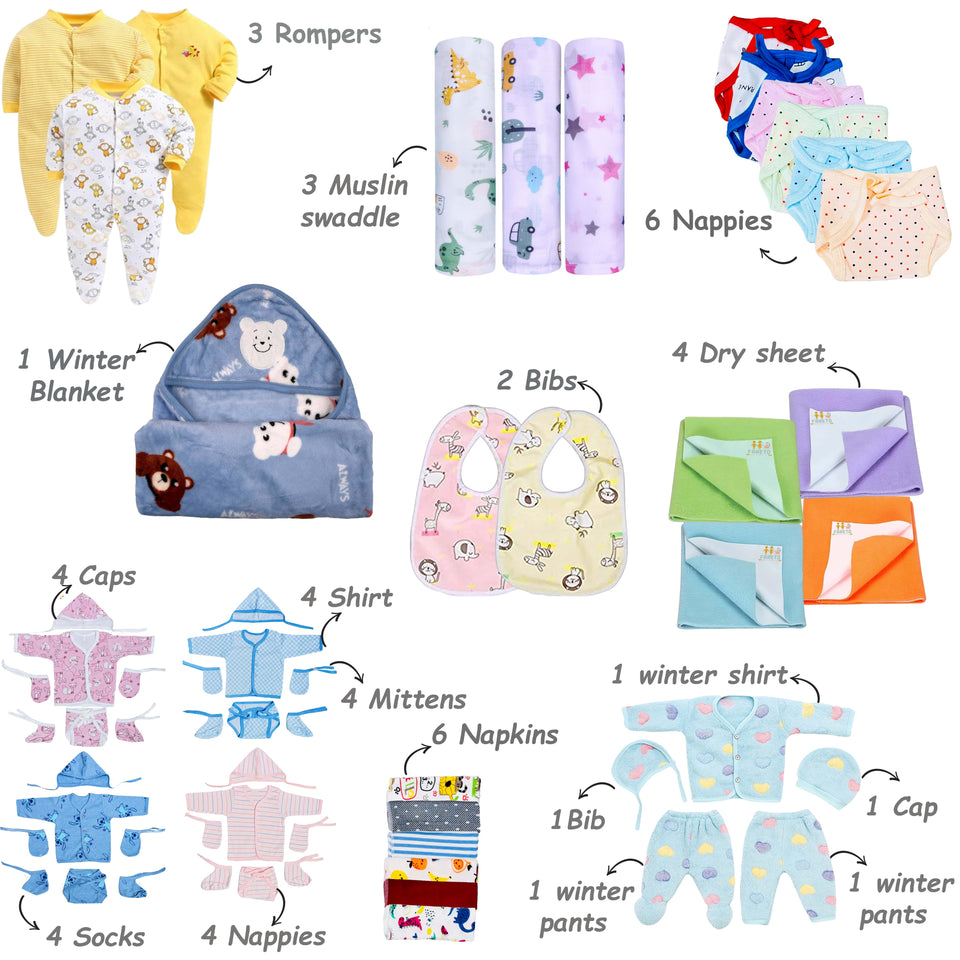 FARETO NEW BORN BABY MONSOON AND SEMI WINTER SEASON HOSPITAL ESSENTIALS 61 IN 1 (0-6 MONTHS)