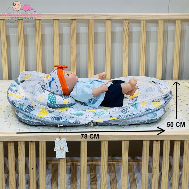 FARETO COMBO OF BABY MATTRESS WITH NET | SLEEPING BAG | 4 PCS BEDDING SET(0-6 MONTHS) (GREY SPRIAL)