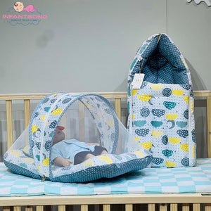 FARETO COMBO OF BABY MATTRESS WITH NET | SLEEPING BAG | 4 PCS BEDDING SET(0-6 MONTHS) (GREY SPRIAL)