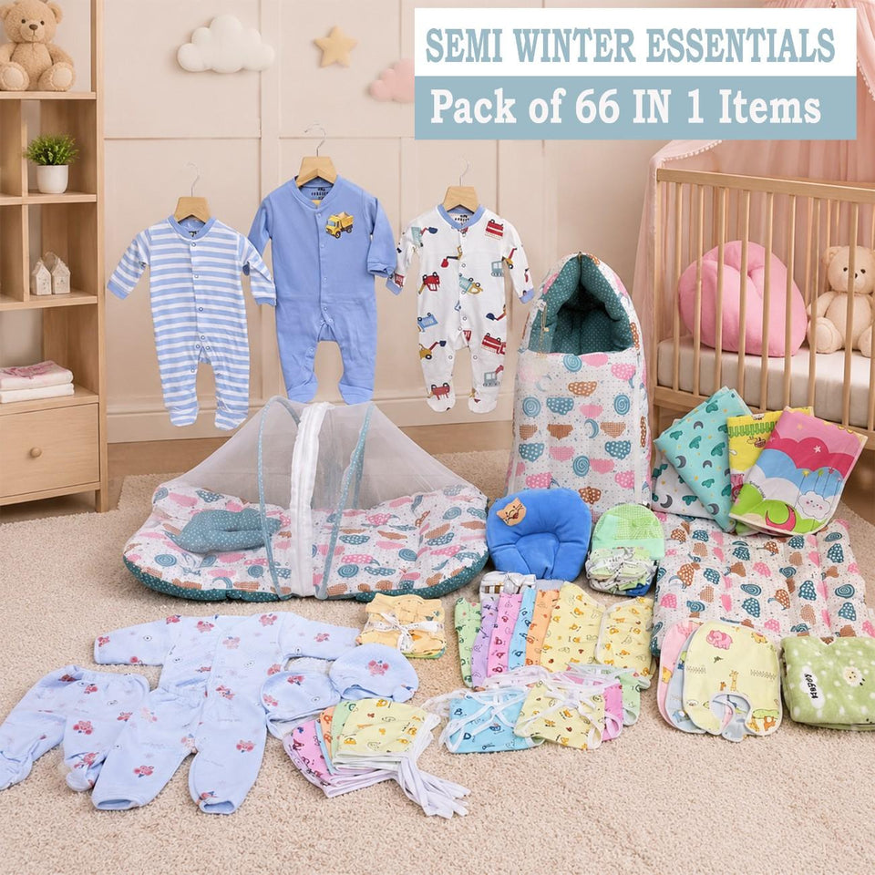 Fareto Baby Semi Winter Essential Combo For New Born | Gift Pack | Baby Products | Maternity Essentials  (66 Items)(0-6 Months)(F440)