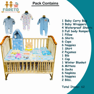 Fareto New born Baby Premium quality Monsoon And Winter Essentials Pack of 62(0-6 Month)(Color and designs may vary)