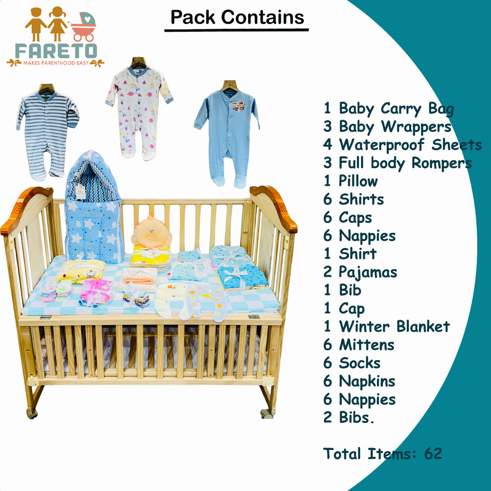 Fareto New born Baby Premium quality Monsoon And Winter Essentials Pack of 62(0-6 Month)(Color and designs may vary)