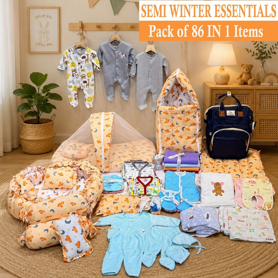 Fareto Premium Newborn Baby Semi-Winter Season Hospital Essentials Combo | 86-in-1 Baby Gift Pack | Maternity Essentials & Bedding Set | 0–6 Months (F370)