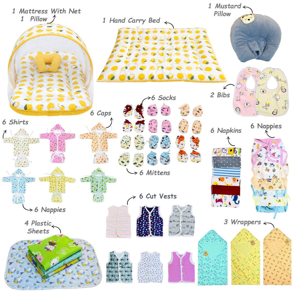 Fareto New Born Baby Hospital Essentials pack of 61 (0-6 months)(Lemon Yellow) (F169)