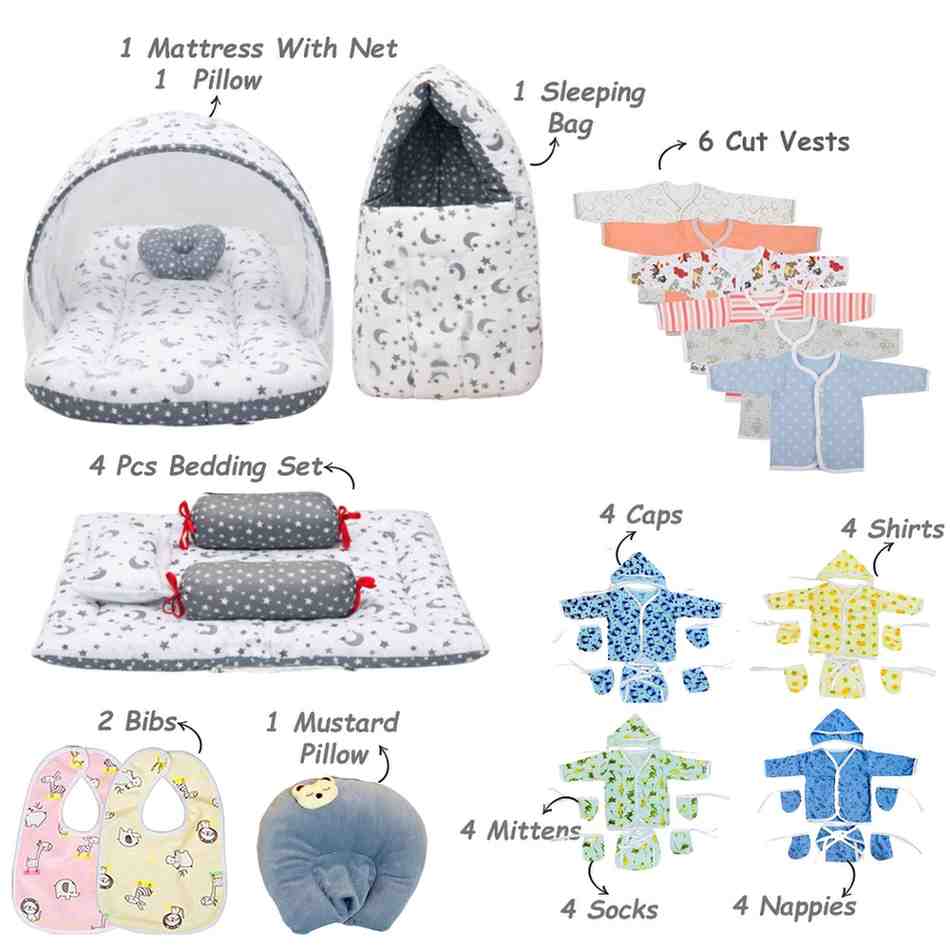 FARETO NEW BORN BABY WINTER ESSENTIALS 65 IN 1 NEW COMBO (0-6 MONTHS)(GREY MOON )(F434)