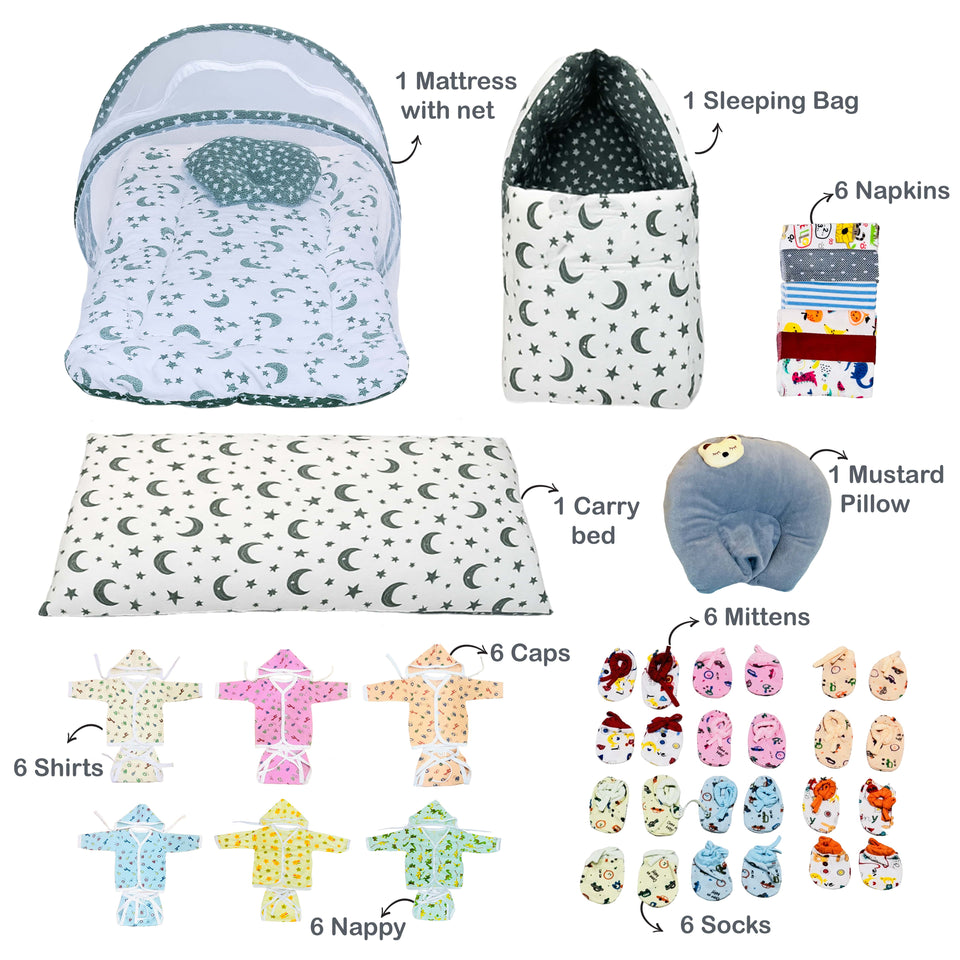Fareto Baby  Winter Essential Combo For New Born | Gift Pack | Baby Products | Maternity Essentials (61 Items)(0-6 Months)(GREY MOON )(F660)