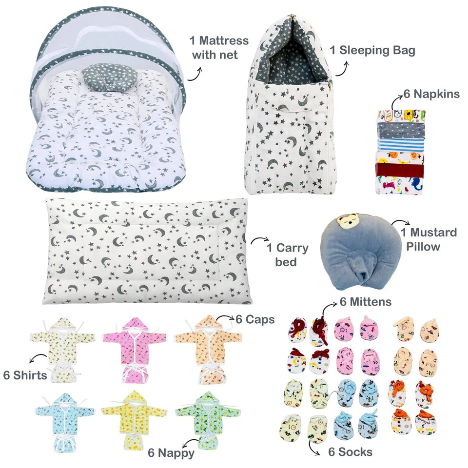 Fareto 77 in 1 New Born Baby Monsoon Season Hospital Essentials Combo, Baby Bedding & Clothing Gift Set for Newborn Boys & Girls (0-6 Months)(F781)