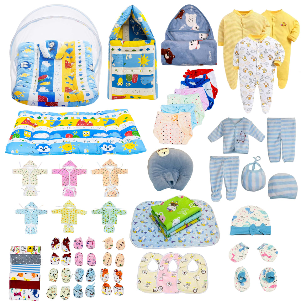 FARETO NEW BORN BABY MONSOON SEASON HOSPITAL ESSENTIALS 66 IN 1 NEW COMBO (0-6 MONTHS)(BLUE FOX )