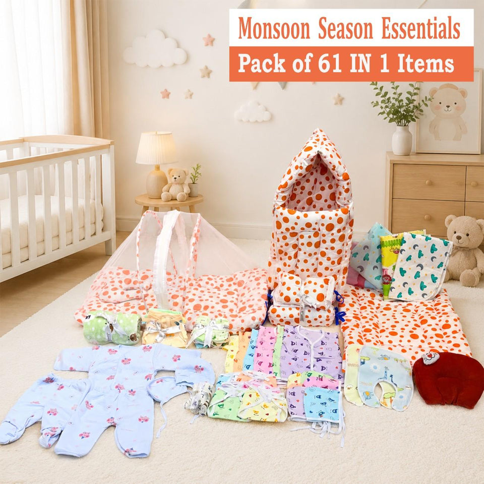 Fareto New Born Baby monsoon season Hospital Essentials (61 in 1)(0-6 Months)(orange polka)(F229)
