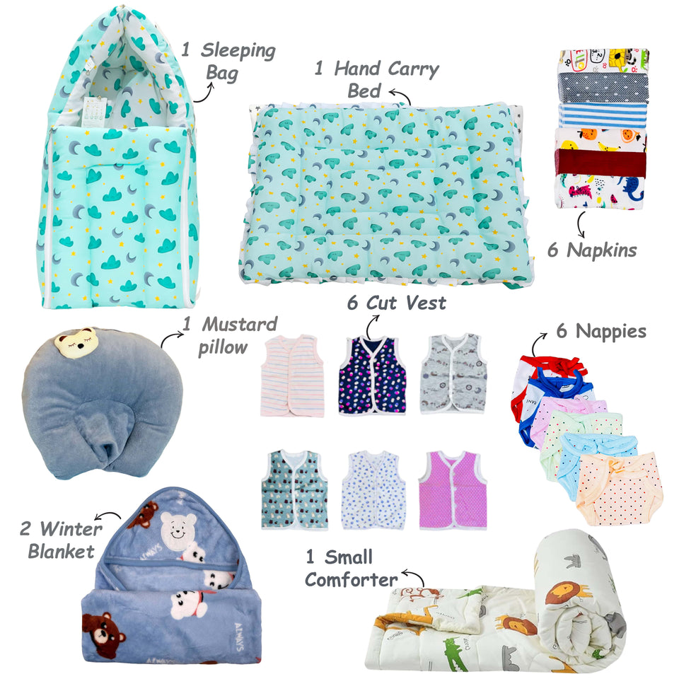 FARETO NEW BORN BABY MONSOON SEASON HOSPITAL ESSENTIALS PACK OF 66 ITEMS (0-6 MONTHS)(F362)