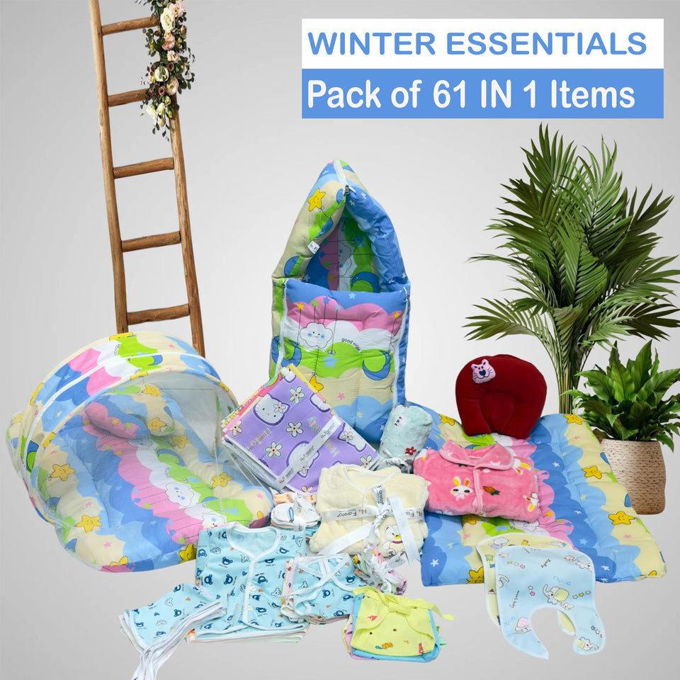 Fareto Baby Winter Essential Combo For New Born | Gift Pack | Baby Products | Maternity Essentials (61 Items)(0-6 Months)((F687)