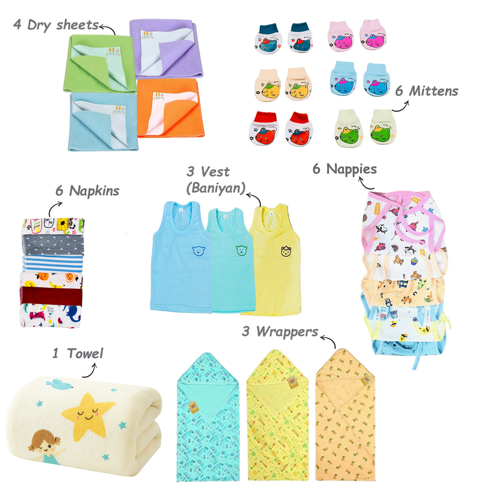 Fareto Newborn Baby Summer Hospital Essentials Combo | 68-in-1 Maternity & Bedding Gift Set (0–6 Months)(F704)