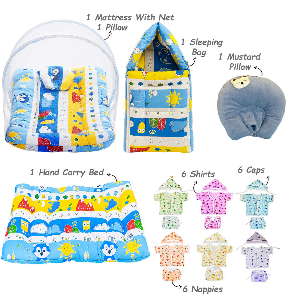 Fareto Newborn Baby Summer Hospital Essentials Combo | 68-in-1 Maternity & Bedding Gift Set (0–6 Months)(F704)