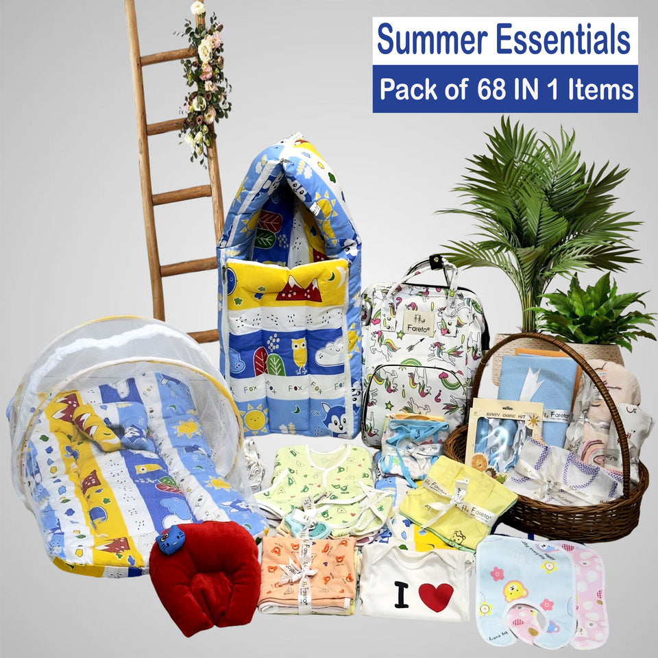 Fareto Newborn Baby Summer Hospital Essentials Combo | 68-in-1 Maternity & Bedding Gift Set (0–6 Months)(F704)
