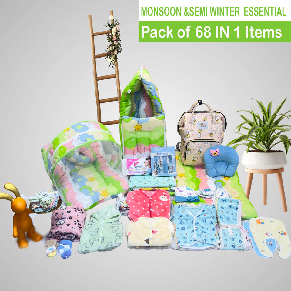 Fareto New Born Baby Semi Winter and Monsoon Essential Combo for New Born | Gift Pack | Baby Products | Maternity Essentials | Bedding Set (68 Items)(0-6 Months)(F598)