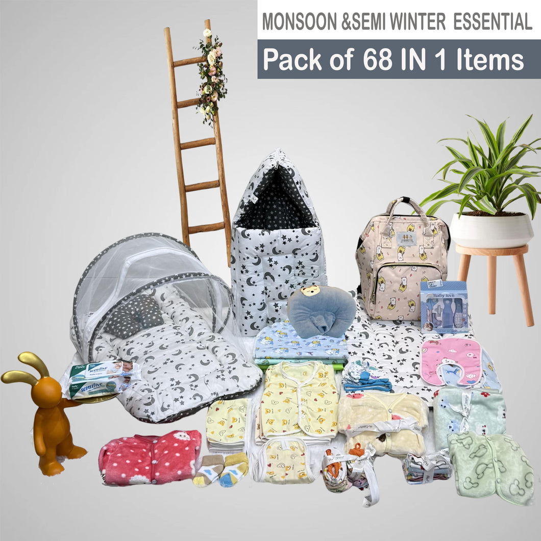 Fareto New Born Baby Semi Winter and Monsoon Essential Combo for New Born | Gift Pack | Baby Products | Maternity Essentials | Bedding Set (68 Items)(0-6 Months)(F595)