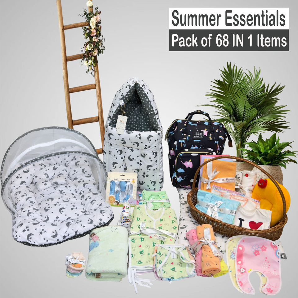 Fareto Newborn Baby Summer Hospital Essentials Combo | 68-in-1 Maternity & Bedding Gift Set (0–6 Months)(F710)