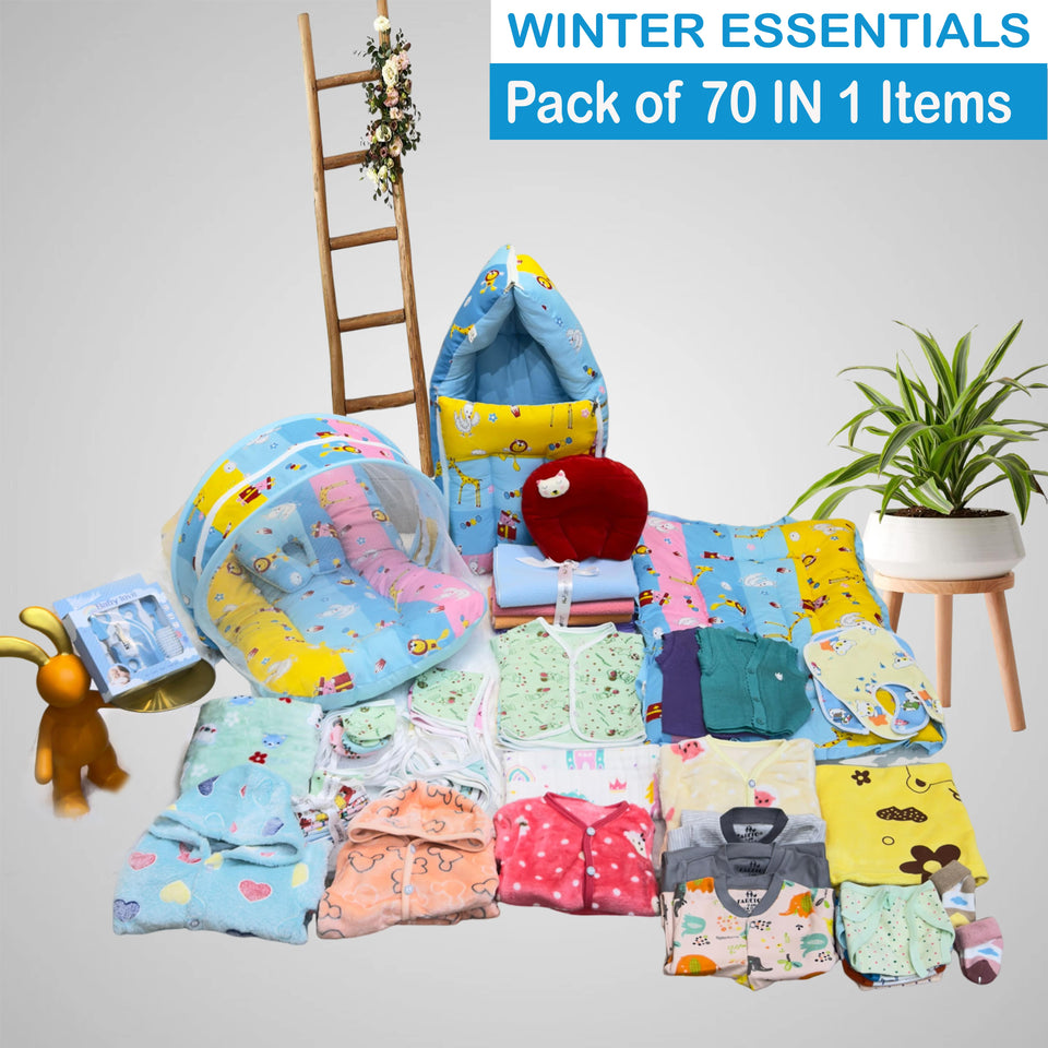 Fareto Newborn Baby Semi Winter & Winter Essentials Combo | Gift Pack| Baby Products | Maternity Essentials | Bedding Set (70 Items)(0-6 Months)(F606)