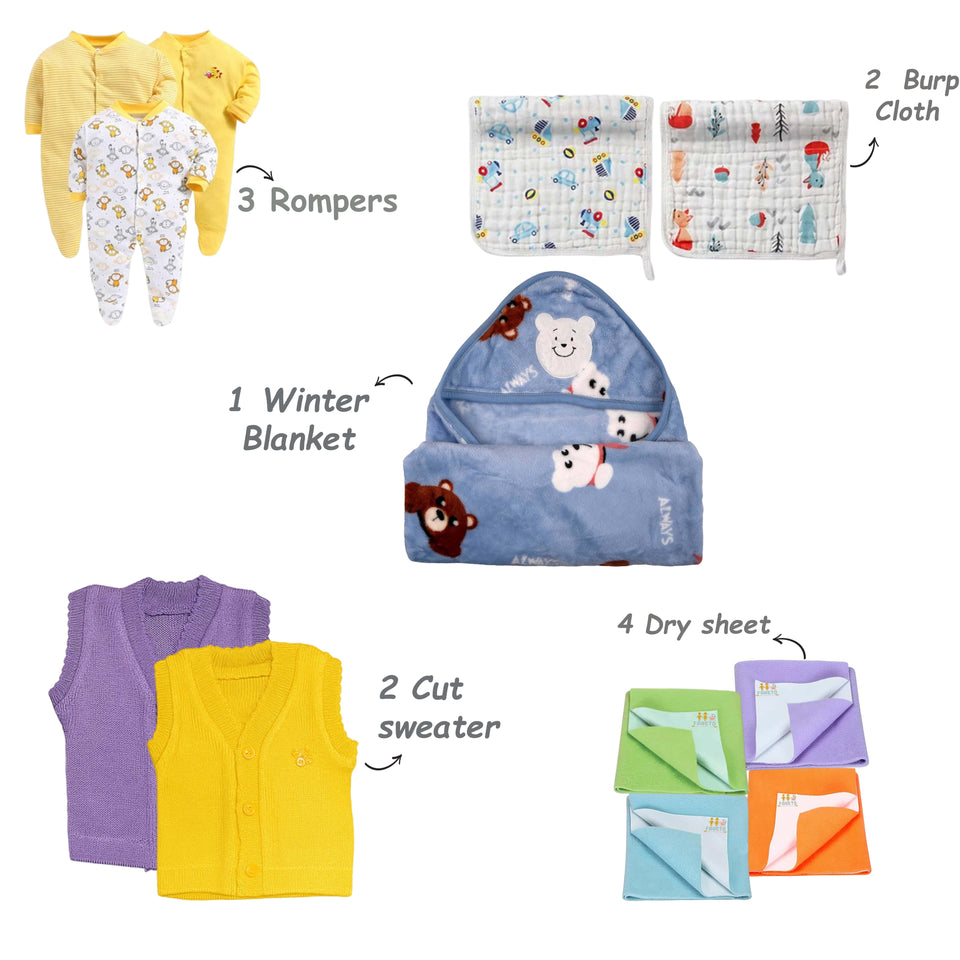 Fareto Newborn Baby Semi Winter & Winter Essentials Combo | Gift Pack| Baby Products | Maternity Essentials | Bedding Set (70 Items)(0-6 Months)(F606)