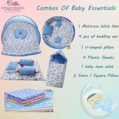 Fareto New Born Baby Bedding | Bed | Sleeping Bag | Essential (0-6 Months) (Pack of 15)