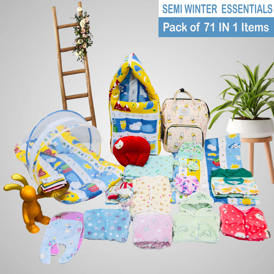 Fareto Baby Semi Winter Essential Combo For New Born | Gift Pack | Baby Products | Maternity Essentials | Bedding Set (71 Items)(0-6 Months)(F618)