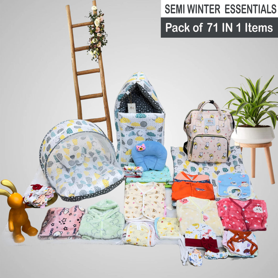 Fareto Baby Semi Winter Essential Combo For New Born | Gift Pack | Baby Products | Maternity Essentials | Bedding Set (71 Items)(0-6 Months)(F601)