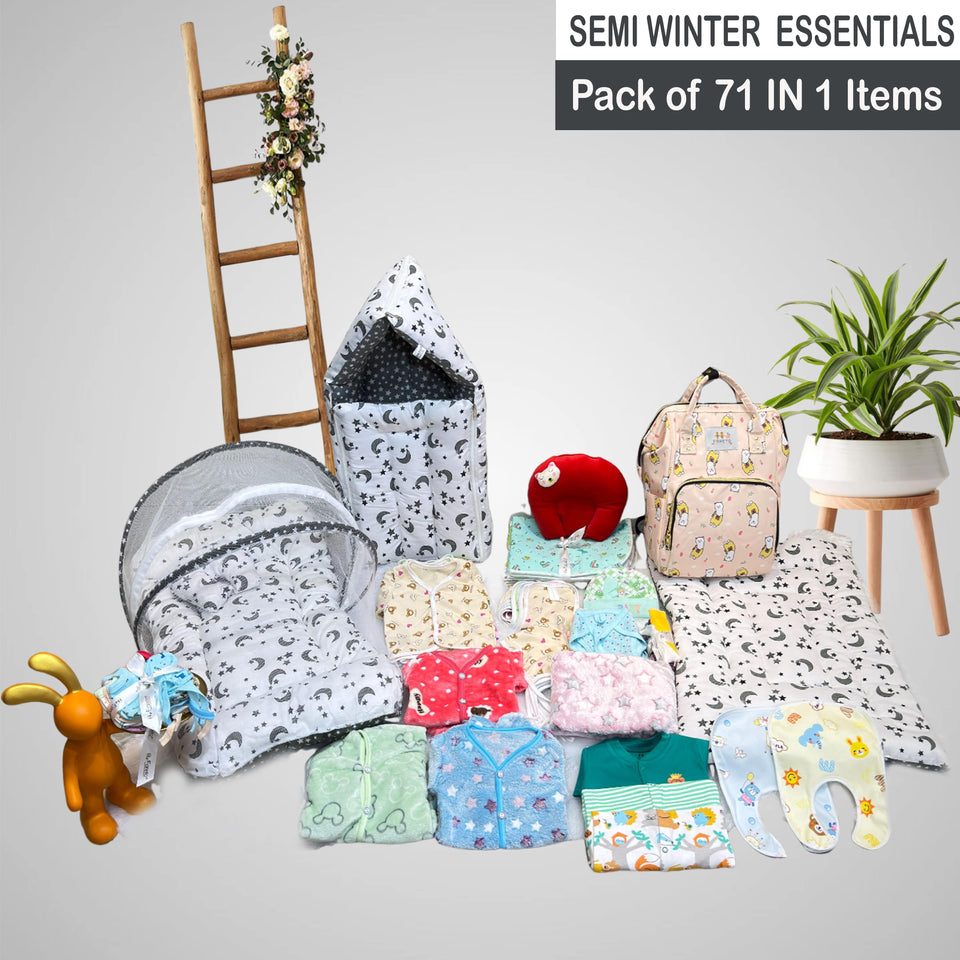 Fareto Baby Semi Winter Essential Combo For New Born | Gift Pack | Baby Products | Maternity Essentials | Bedding Set (71 Items)(0-6 Months)(F614)