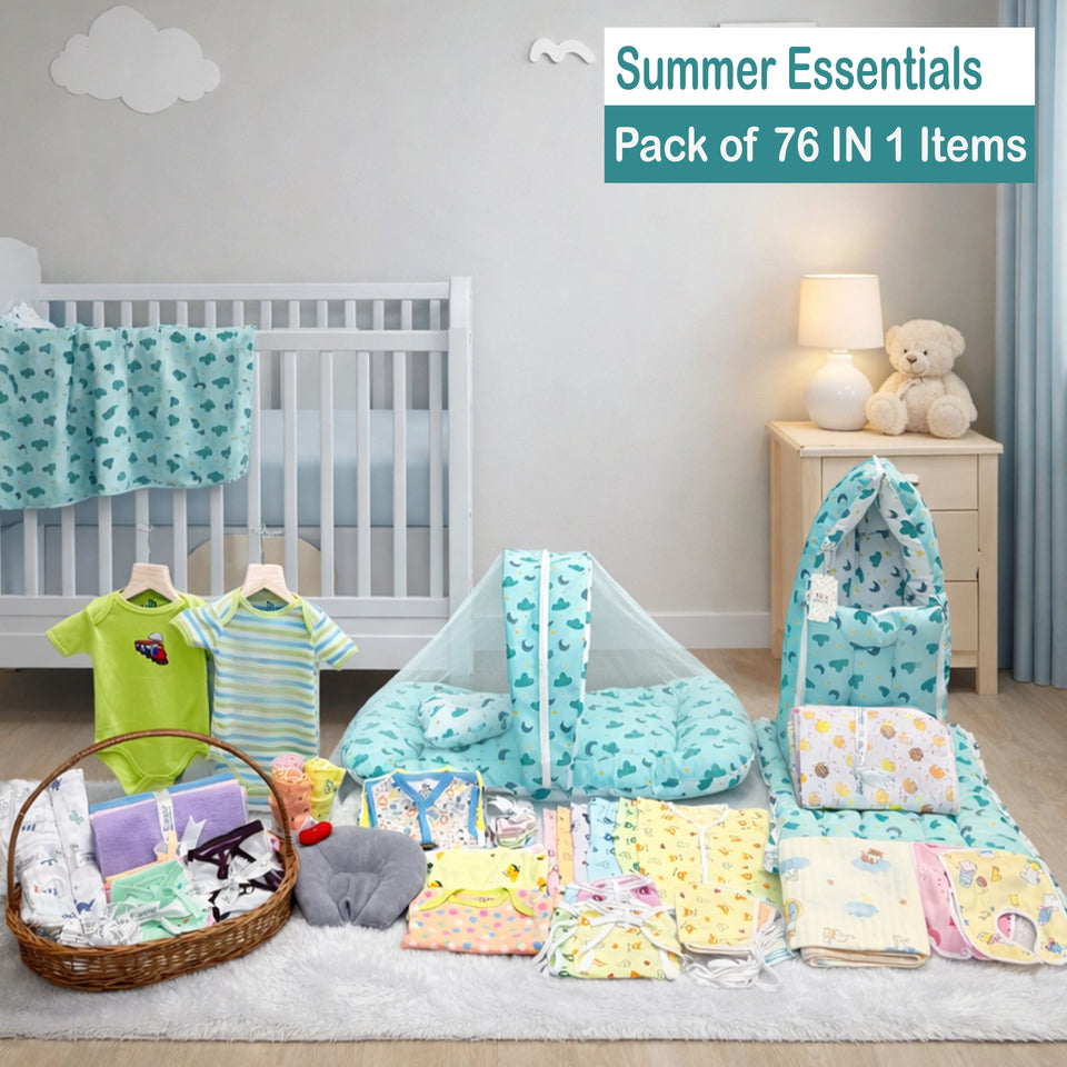 FARETO NEWBORN BABY PREMIUM QUALITY 76 IN 1 COMBO FOR SUMMER SEASON | SUPERSOFT COTTON  (0-6 MONTHS)(F343)