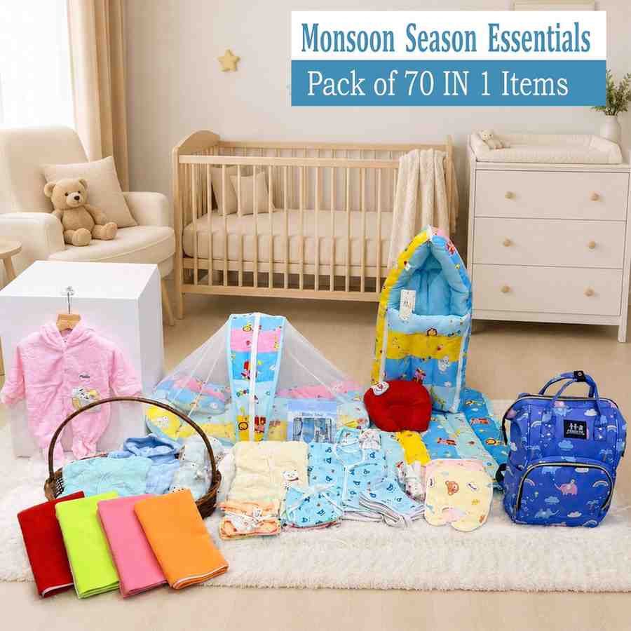 Fareto New Born Baby  Monsoon Season Essential Combo | 70 In 1 Items Gift Pack | Baby Bedding Set & Maternity Essentials (0–6 Months) | F758