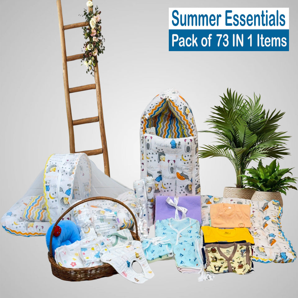 Fareto Baby Boy's & Girl's Summer Hospital Essential Combo for New Born | Gift Pack | Baby Products | Maternity Essentials | Bedding Set (73 Items)(0-6 Months)(F724)