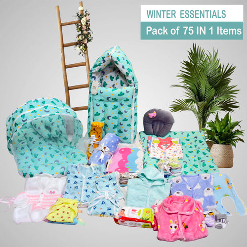 Fareto Baby Semi Winter Essential Combo For New Born | Gift Pack | Baby Products | Maternity Essentials | Bedding Set (75 Items)(0-6 Months)(F681)