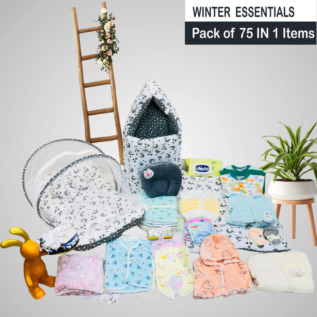 Fareto Baby Semi Winter Essential Combo For New Born | Gift Pack | Baby Products | Maternity Essentials | Bedding Set (75 Items)(0-6 Months)(F622)