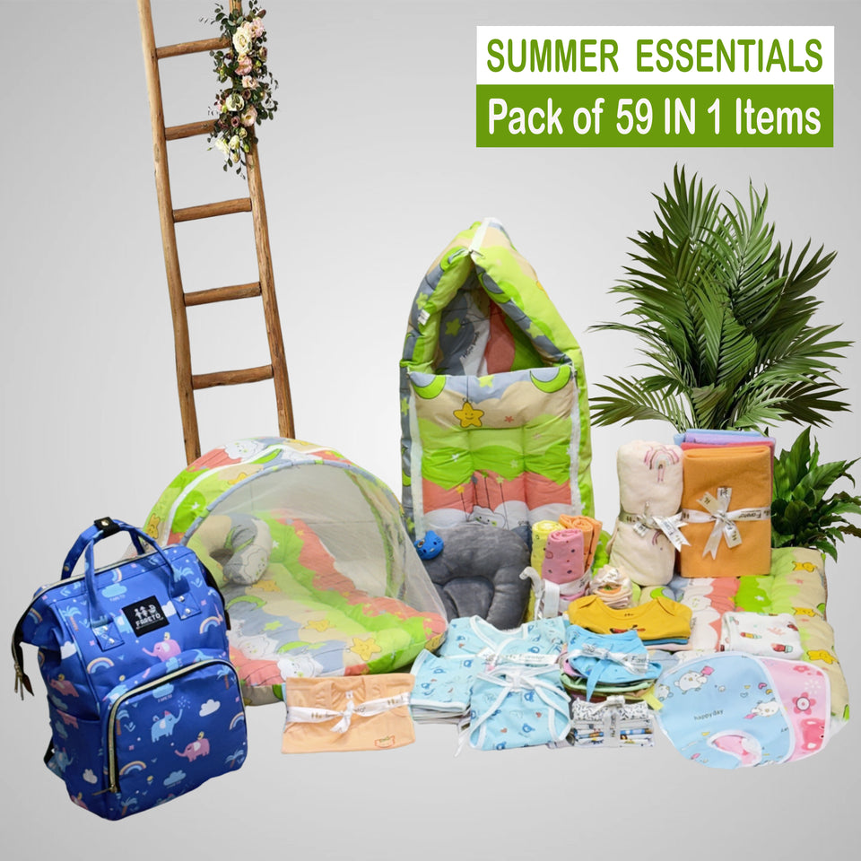 Fareto Newborn Baby Summer Hospital Essentials Combo | 59-in-1 Maternity & Bedding Gift Set (0–6 Months)(F713)