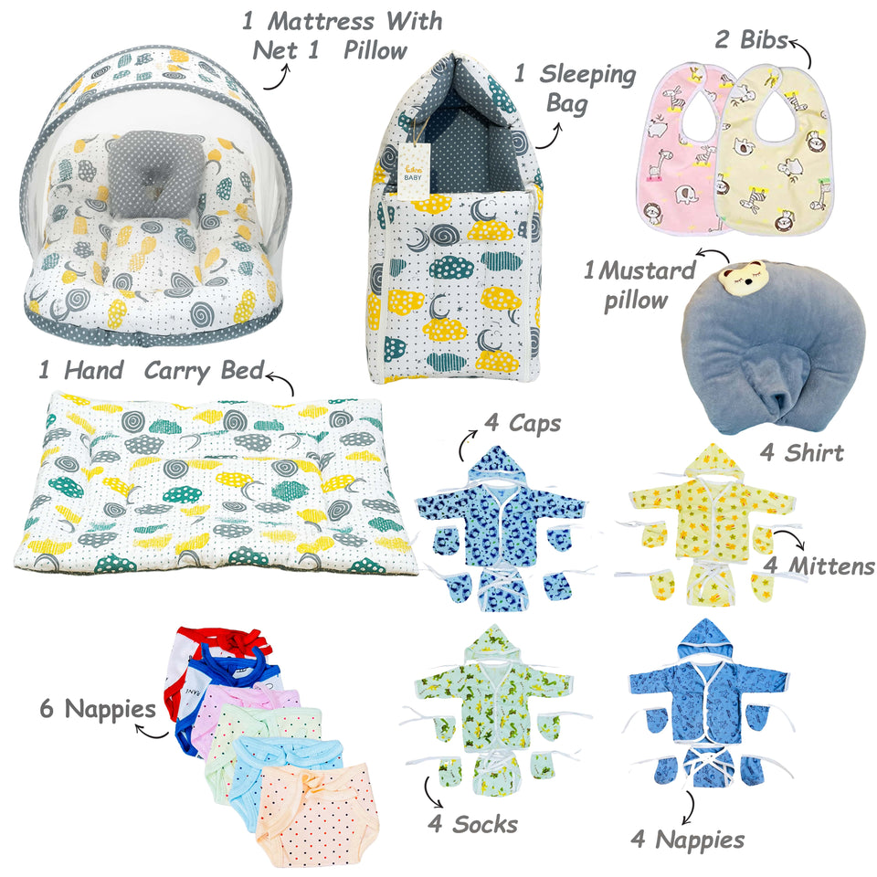 Fareto Baby Winter Essential Combo For New Born | Gift Pack | Baby Products | Maternity Essentials | Bedding Set (75 Items)(0-6 Months)(F664)