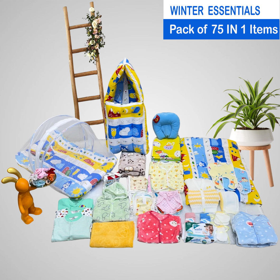 Fareto Baby Semi Winter Essential Combo For New Born | Gift Pack | Baby Products | Maternity Essentials | Bedding Set (75 Items)(0-6 Months)(F591)